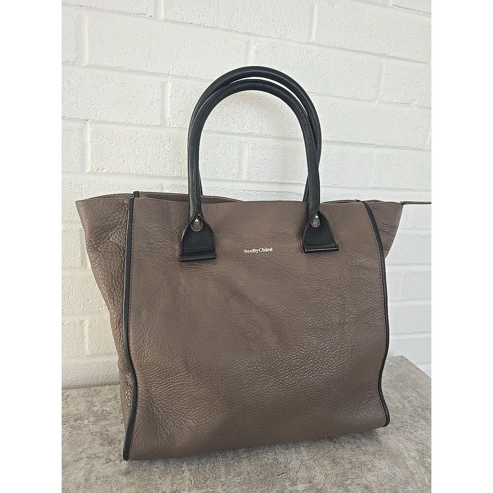 See By Chloe Leather Tote Purse Sholder Bag Mocha Black Color